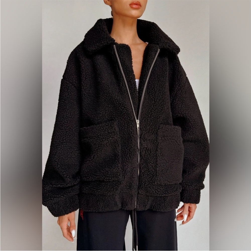 I AM GIA Pixie Sherpa Coat Size XSmall Black Oversized Relaxed Zip Up - Picture 2 of 8